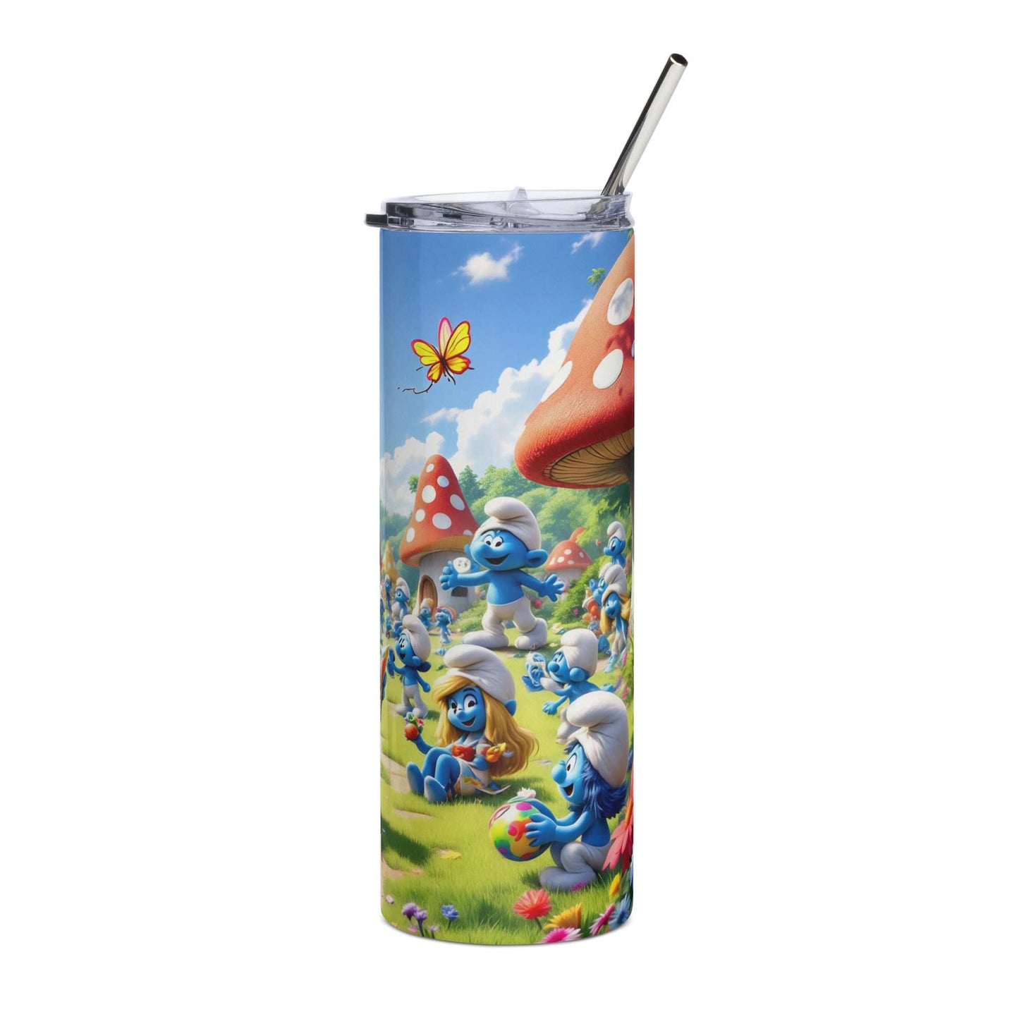 20oz skinny tumbler with vibrant Smurfs themed cartoon wrap featuring blue Smurf characters and red mushroom houses against a bright sky background