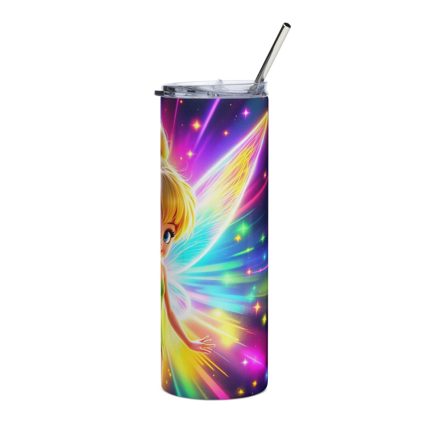 20oz skinny tumbler with vibrant neon Tinkerbell sublimation wrap featuring glowing fairy wings and colorful magical sparkles