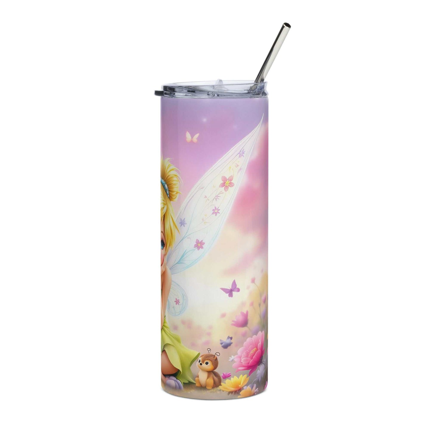 Tinkerbell sublimation tumbler wrap design with fairy dust and pastel background for 20oz skinny tumblers