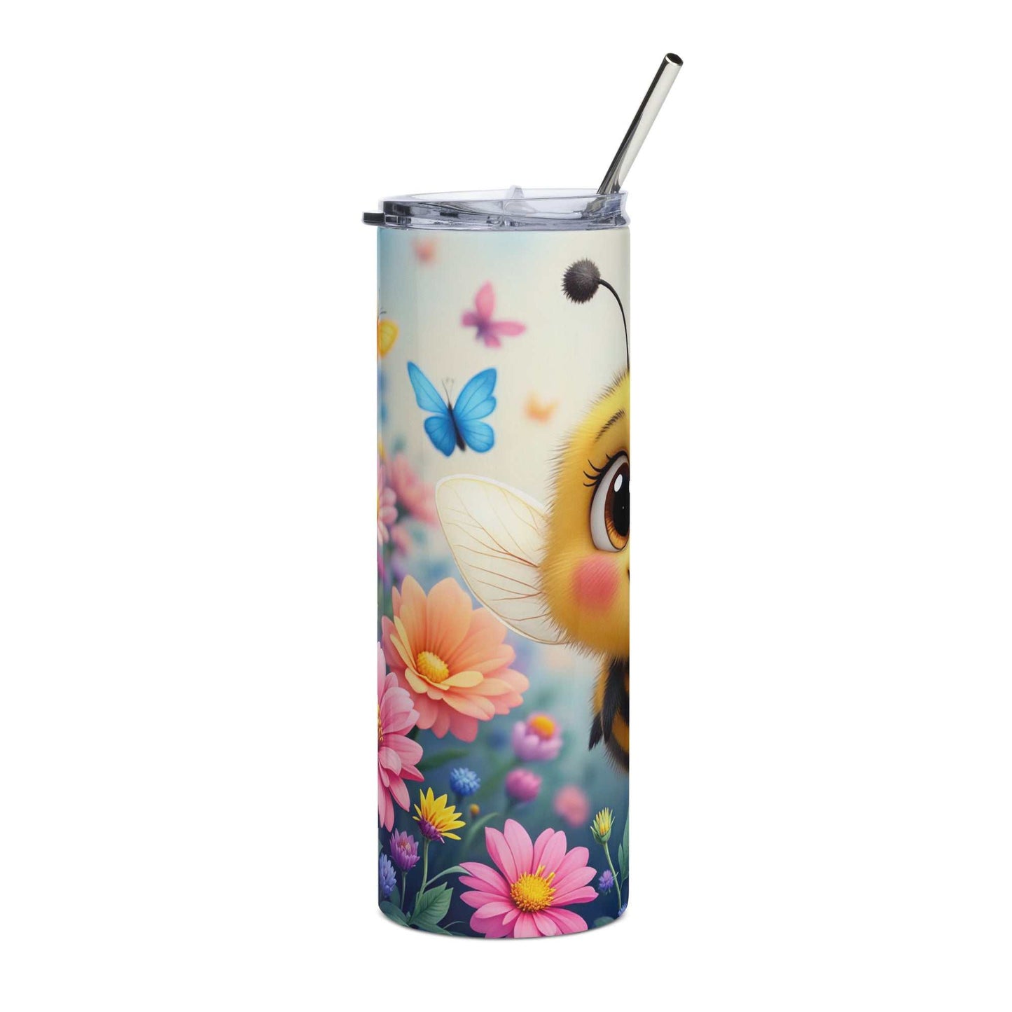 20oz skinny tumbler with smiling bumble bee and colorful spring flowers digital wrap design