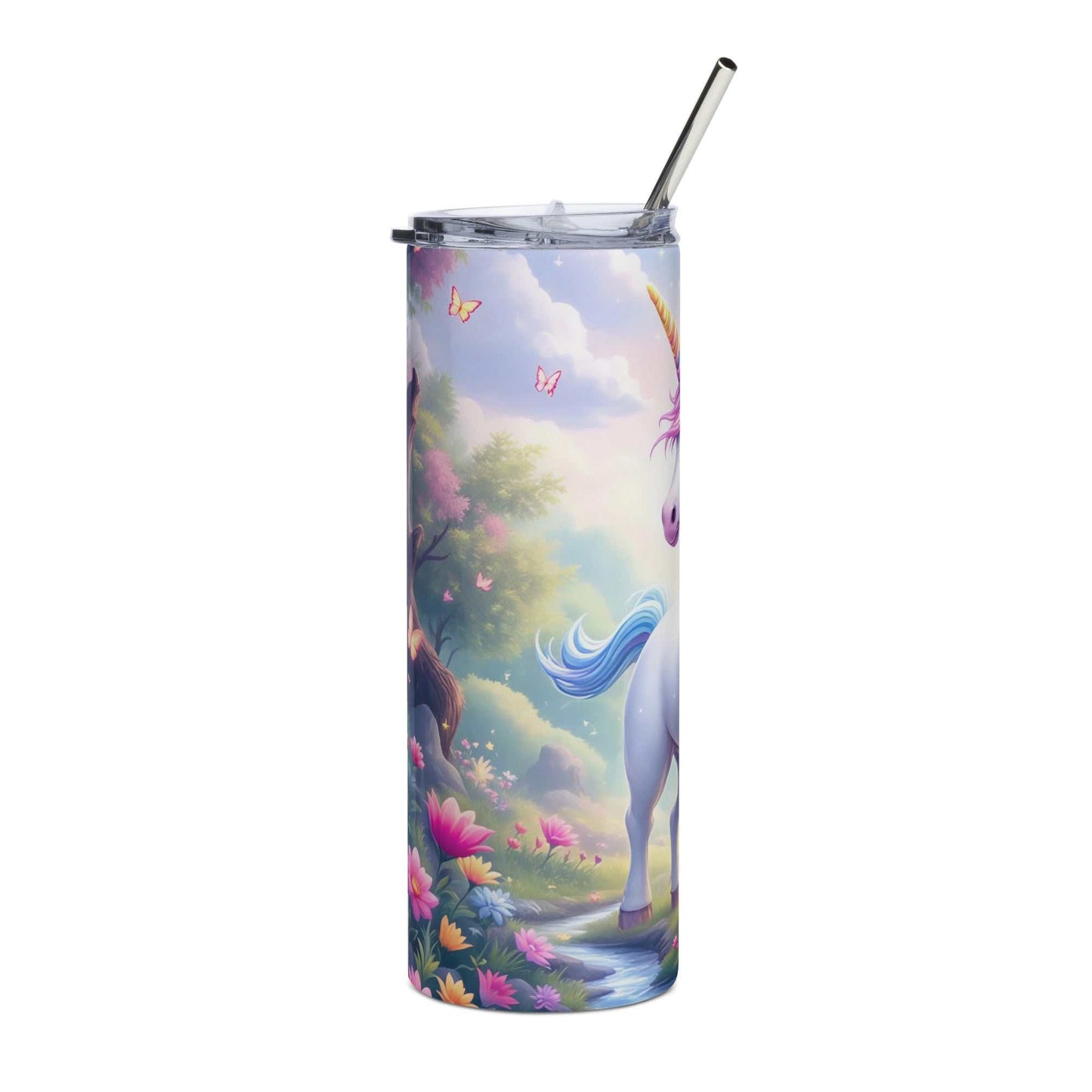 20oz skinny tumbler wrap with magical unicorn, pastel rainbow, stars, and clouds design for sublimation printing