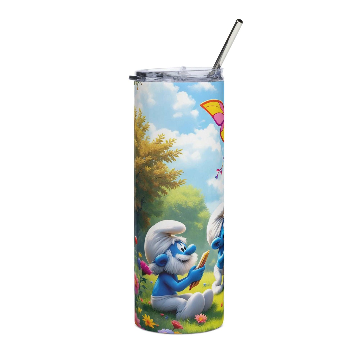 Smurf-themed 20oz skinny tumbler wrap with blue cartoon characters in a colorful forest setting, digital sublimation design PNG