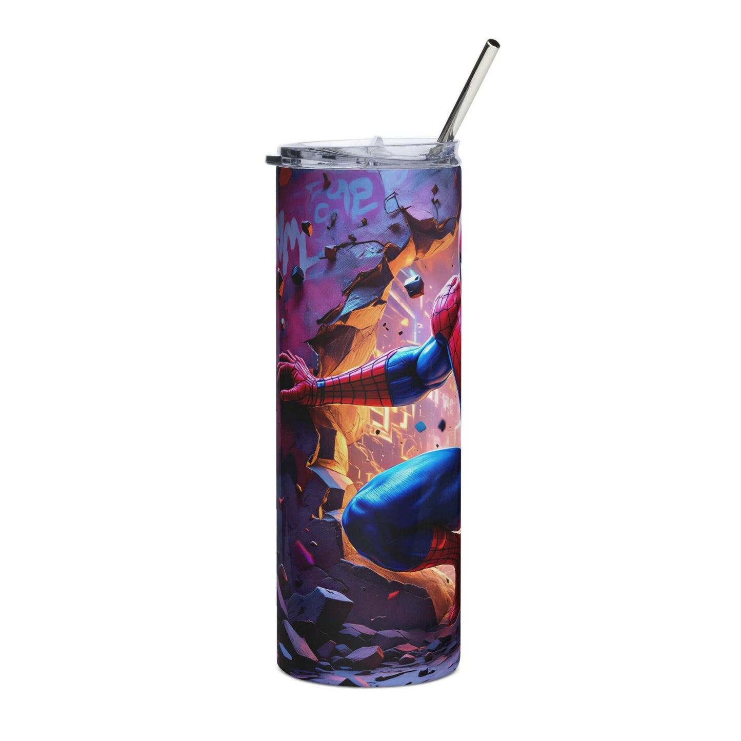 Spider-Man themed 20oz skinny tumbler wrap with vibrant red and blue web-slinger design and cityscape background, digital PNG for sublimation printing.