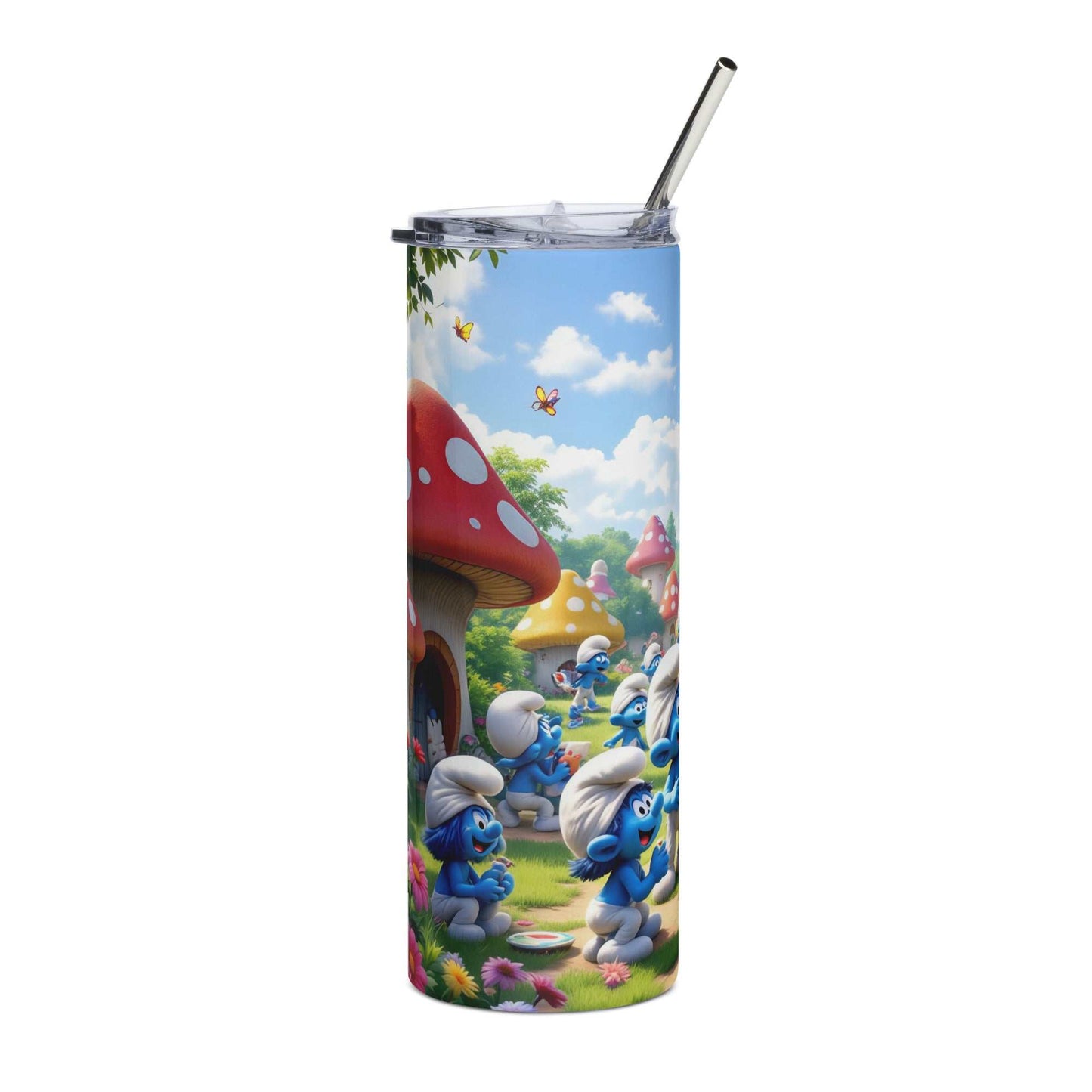 Smurfs themed tumbler wrap with colorful cartoon characters and mushroom village design for 20oz skinny tumbler.
