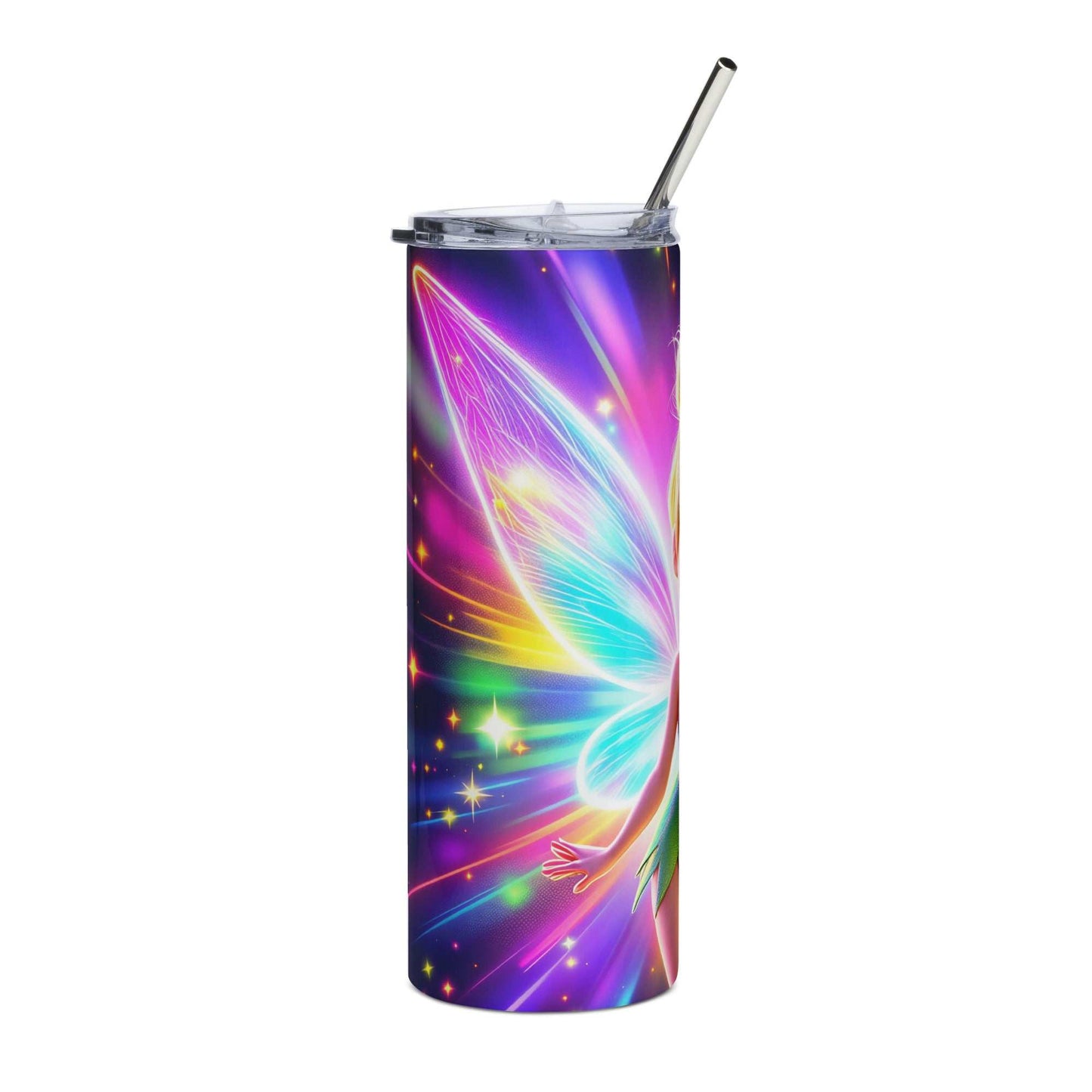 20oz skinny tumbler with vibrant neon Tinkerbell sublimation wrap featuring glowing fairy wings and colorful magical sparkles
