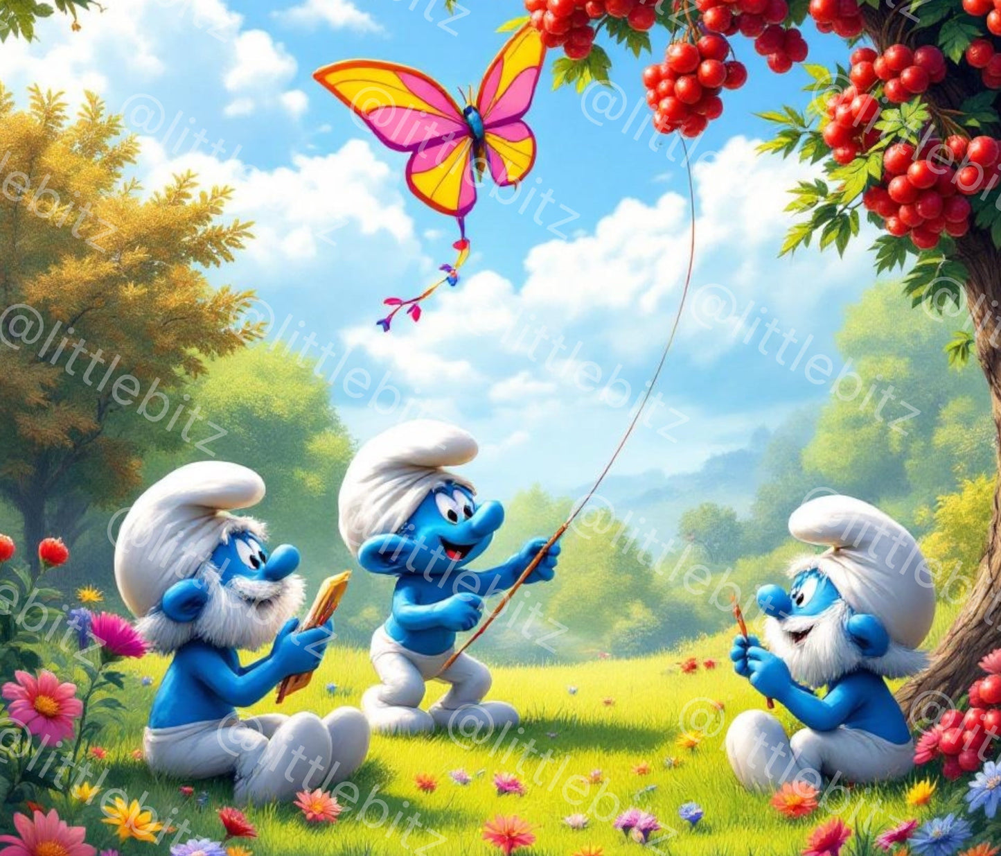 Smurf Tumbler Wrap PNG featuring three blue cartoon Smurfs flying a colorful butterfly kite in a vibrant meadow with flowers and berries, designed for 20oz skinny tumblers.