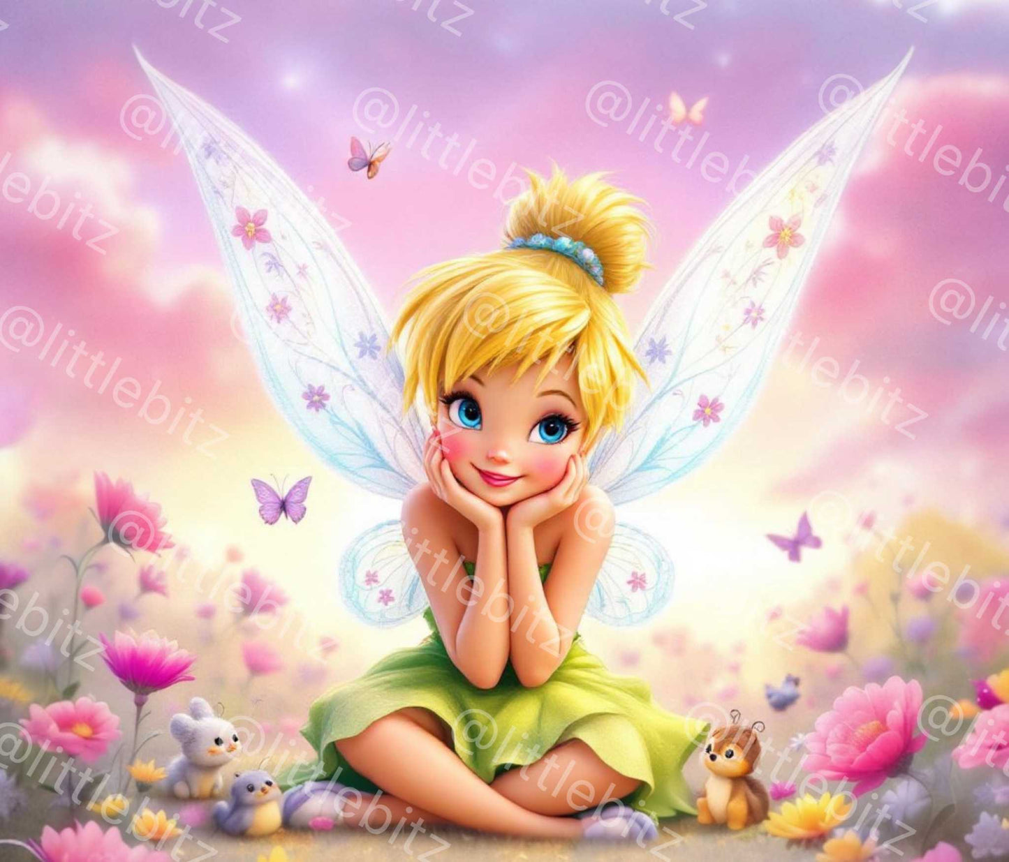 Tinkerbell sublimation tumbler wrap with vibrant fairy image and floral background for 20oz skinny tumblers