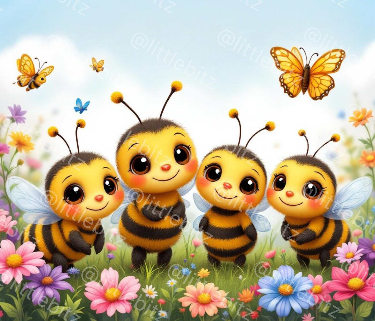 Cute cartoon bumble bees with flowers and butterflies on pastel background tumbler wrap design