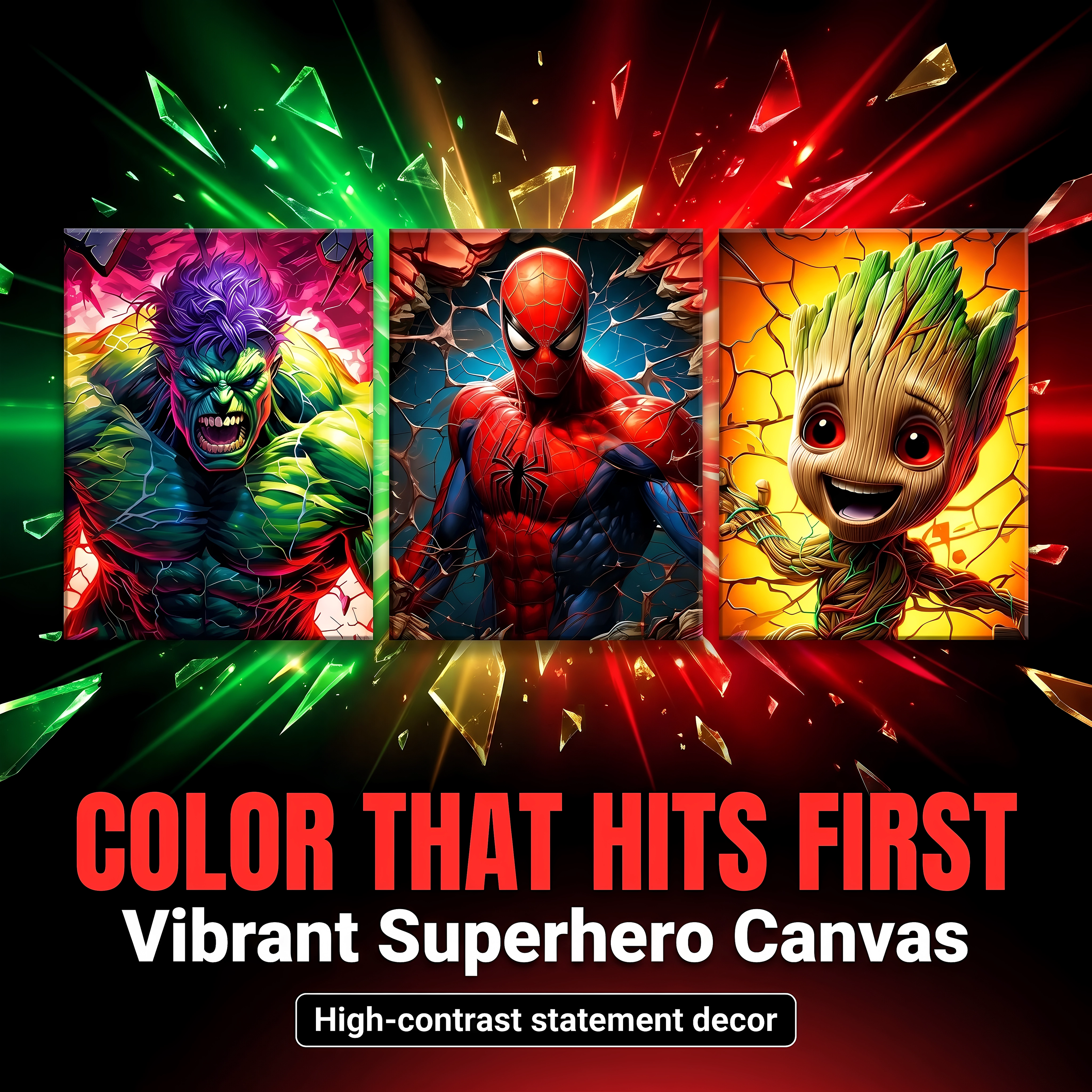 Movie-themed superhero wall canvas artwork with vibrant, bold prints showcasing dynamic heroes in action