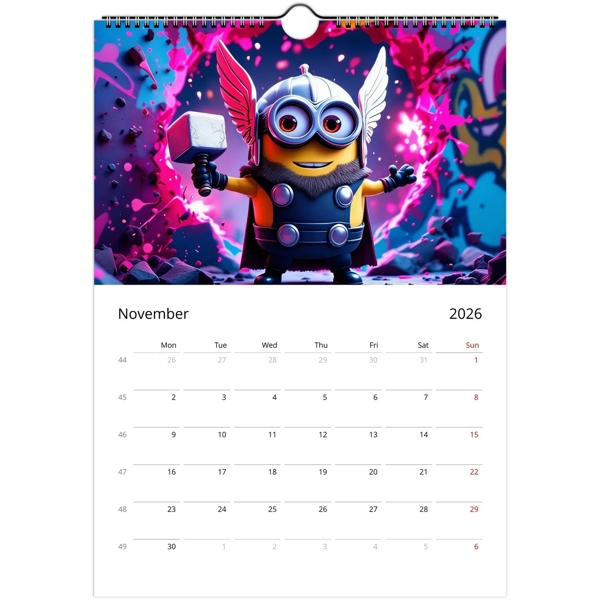 Minions Superhero Wall Calendar 2026 November page featuring a Minion dressed as Thor with a colorful background
