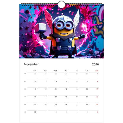 Minions Superhero Wall Calendar 2026 November page featuring a Minion dressed as Thor with a colorful background
