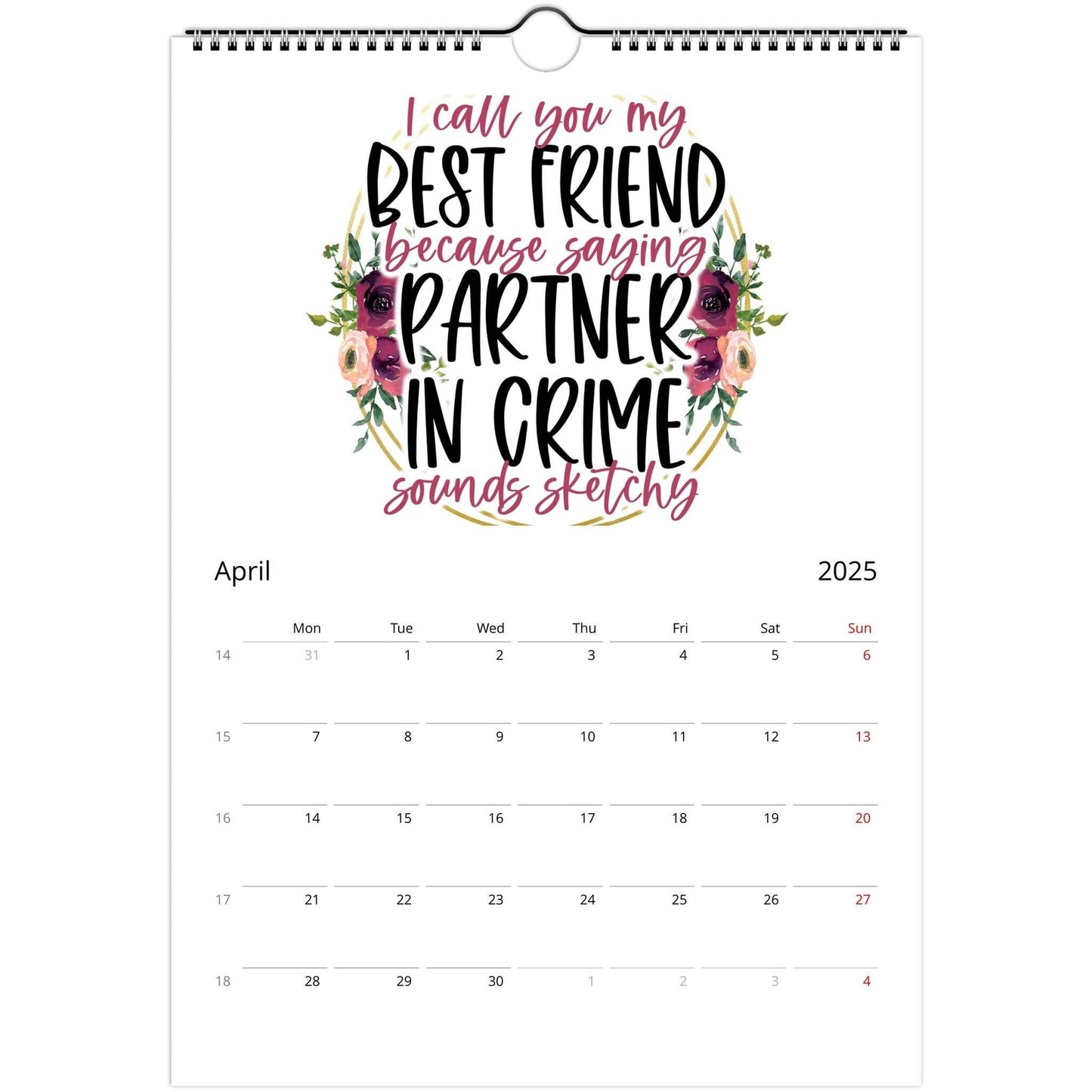 Personalised Best Friends 2025 Wall Calendar with quotes, A4 size, high-quality paper.