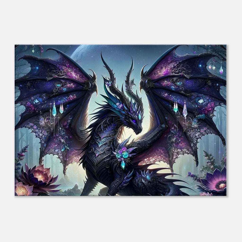 Black Gem Dragon Wall Canvas featuring a mystical dragon adorned with shimmering black gems, perfect for fantasy enthusiasts.