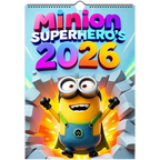 2026 Minions Superhero wall calendar with vibrant Minion superhero illustration and spiral binding