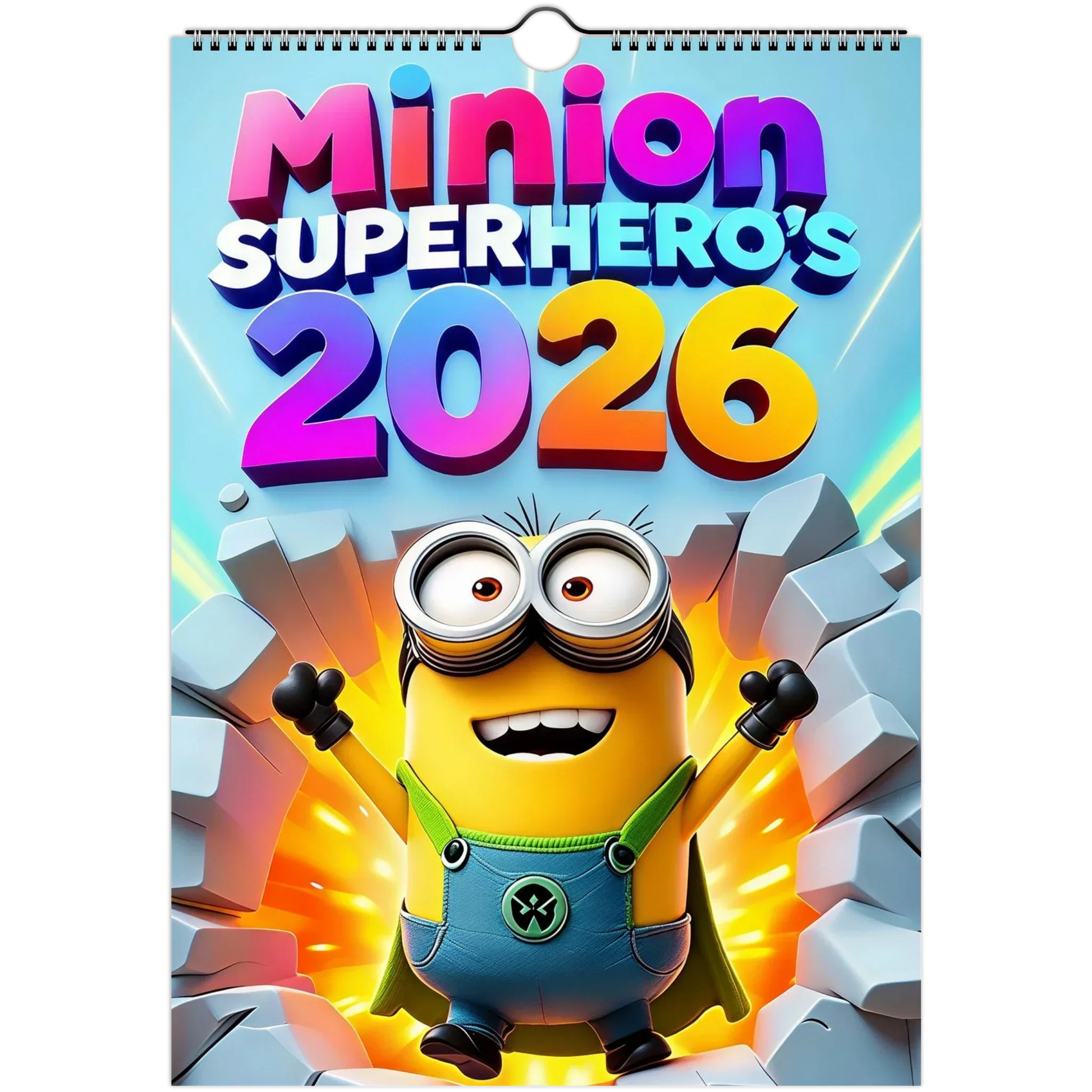 2026 Minions Superhero Wall Calendar with colorful superhero-themed Minion illustration on cover