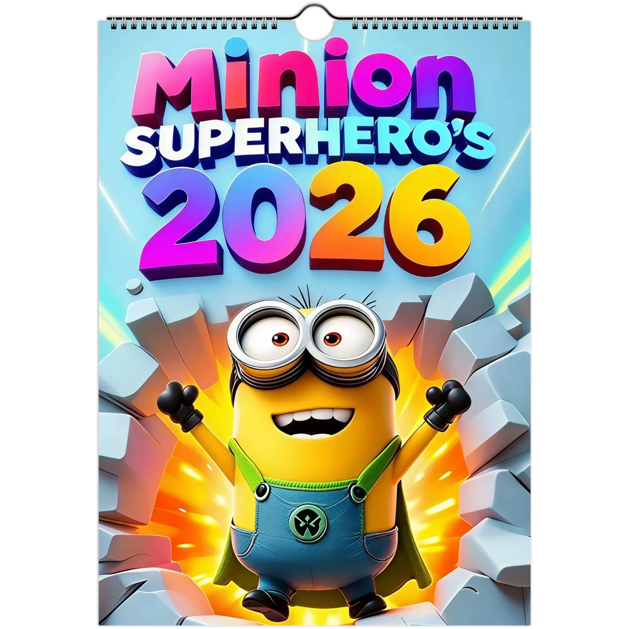 2026 Minions Superhero wall calendar with vibrant Minion superhero illustration and spiral binding