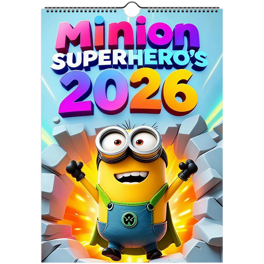 2026 Minions Superhero wall calendar with vibrant Minion superhero illustration and spiral binding
