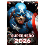 Superhero Calendar 2026 wall calendar featuring bold comic-style designs with Captain America on the cover, glossy pages, spiral binding, and date squares for notes.