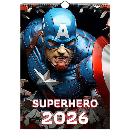 Superhero Calendar 2026 wall calendar featuring bold comic-style designs with Captain America on the cover, glossy pages, spiral binding, and date squares for notes.