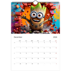 2026 Minions Superhero wall calendar December page with colorful, glossy design and spiral binding