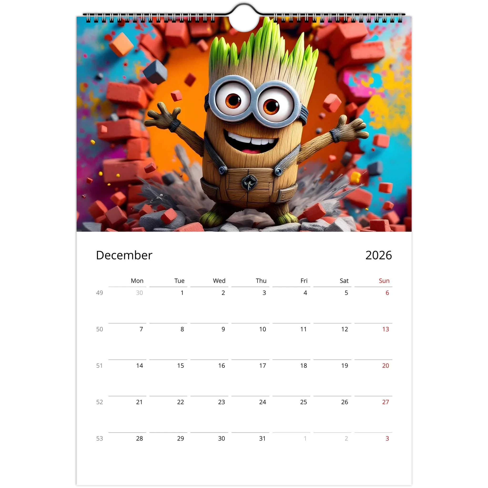 2026 Minions Superhero wall calendar December page with colorful, glossy design and spiral binding