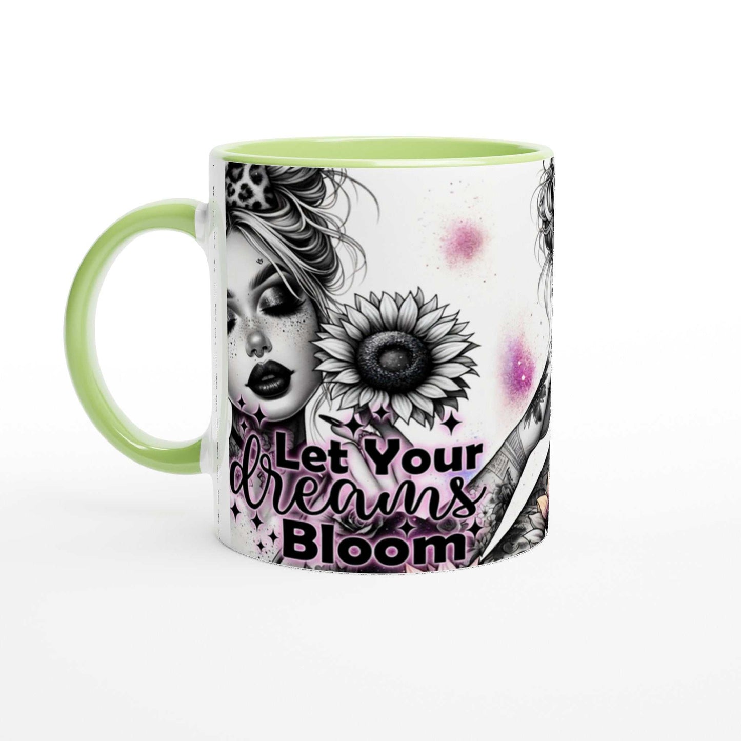 Motivational coffee mug with colorful rim and handle, featuring "Let Your Dreams Bloom" inspirational quote and floral design. 11oz ceramic, dishwasher and microwave safe.