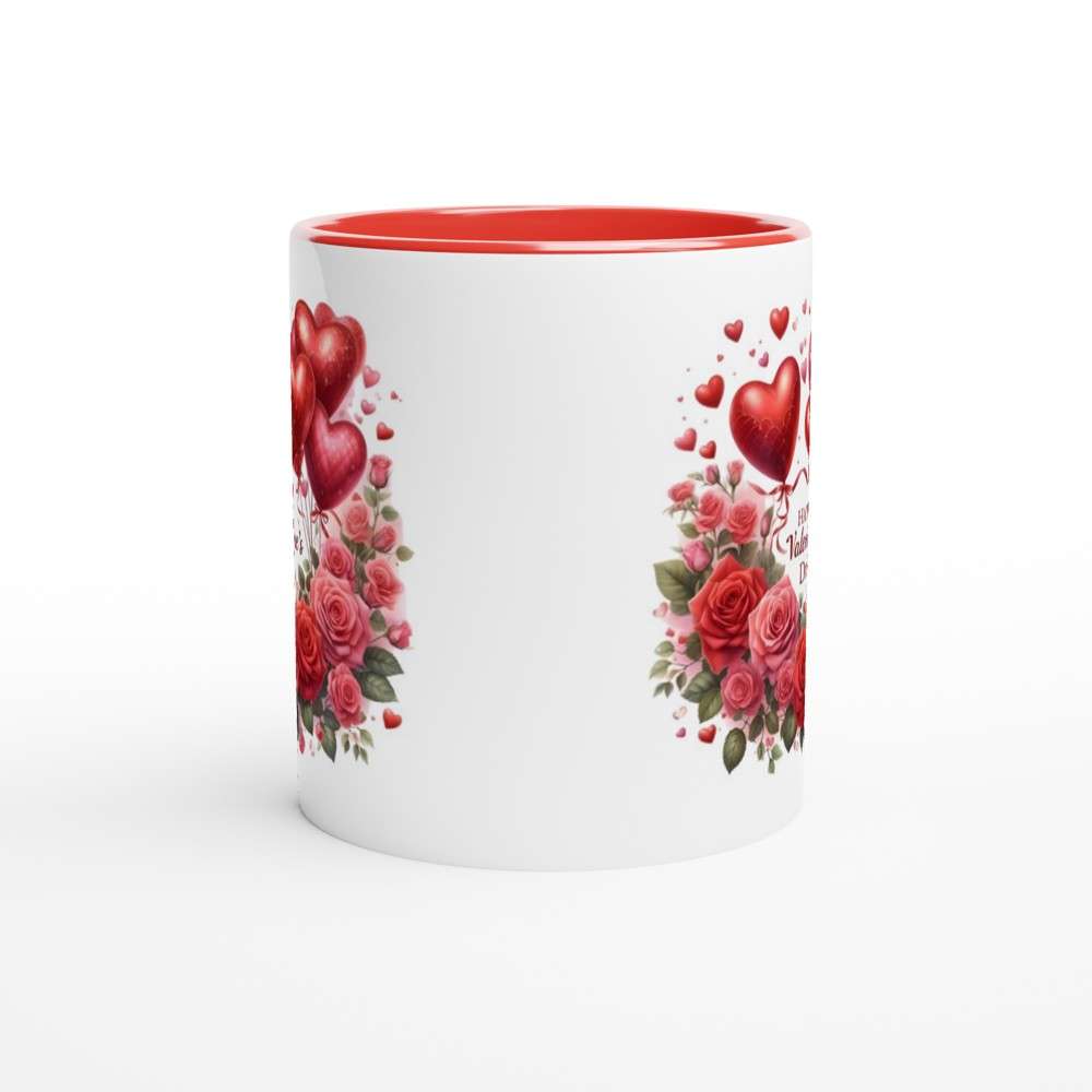 Beautiful Valentines Day Mug with heart and rose design, red interior, ceramic, 11oz, dishwasher and microwave safe.