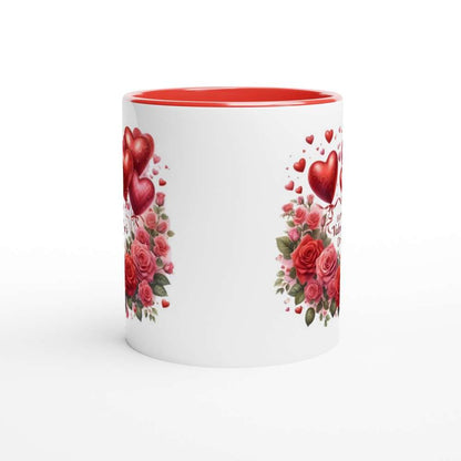 Beautiful Valentines Day Mug with heart and rose design, red interior, ceramic, 11oz, dishwasher and microwave safe.