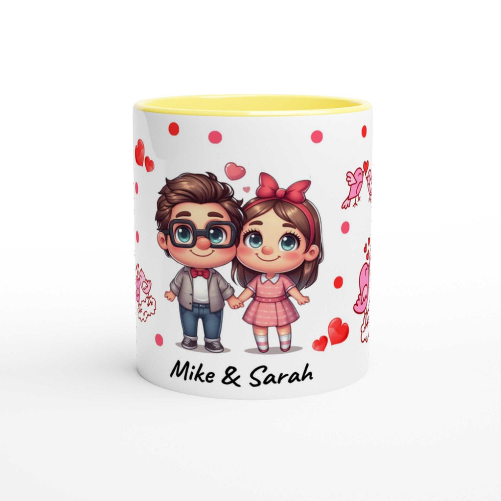 Cute personalised Valentines Day mug with charming cartoon couple and red heart accents.
