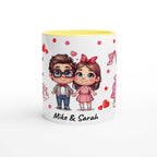 Cute personalised Valentines Day mug with charming cartoon couple and red heart accents.
