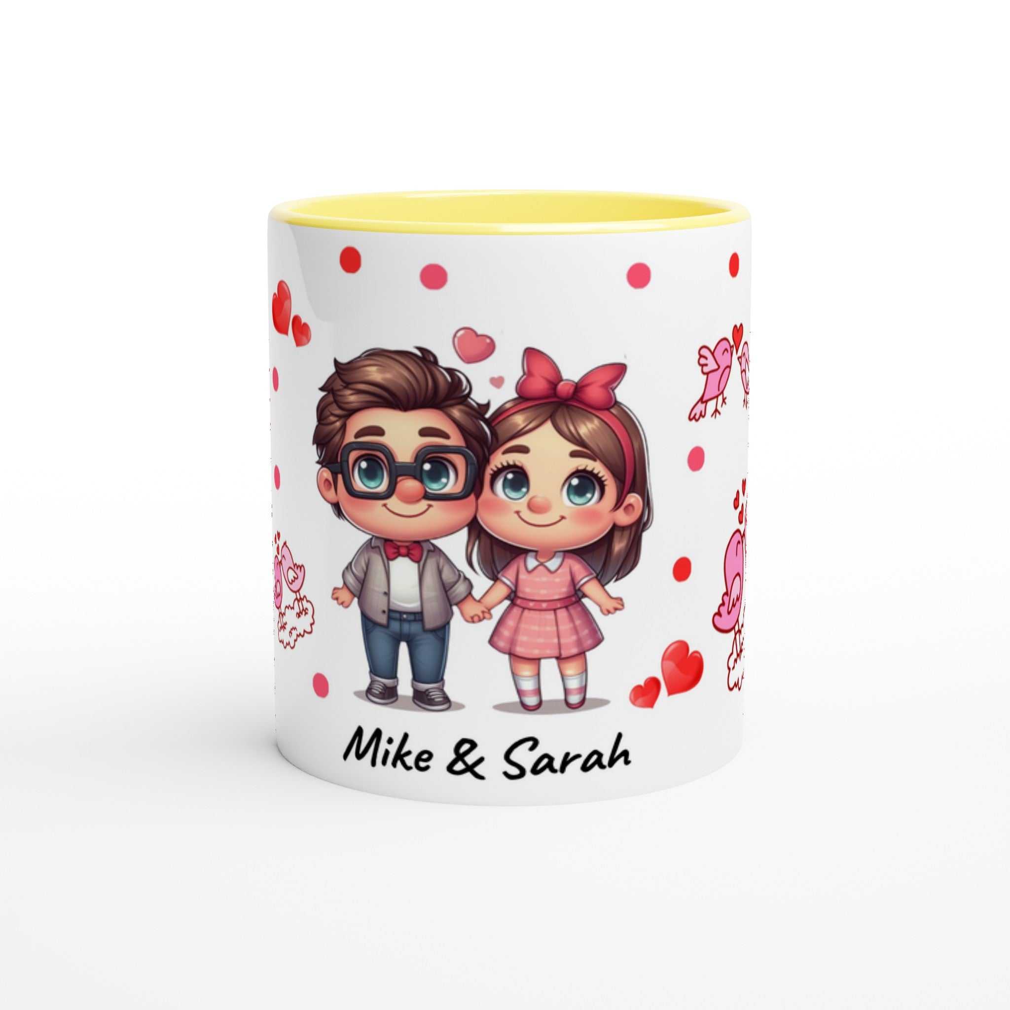 Cute personalised Valentines Day mug with charming cartoon couple and red heart accents.