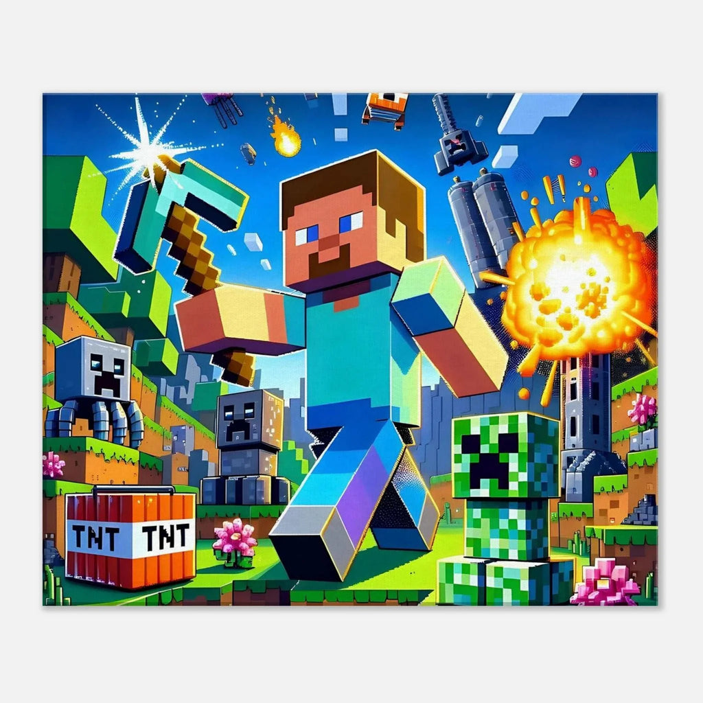 Vibrant Minecraft wall canvas featuring a pixelated adventure scene with iconic game elements.