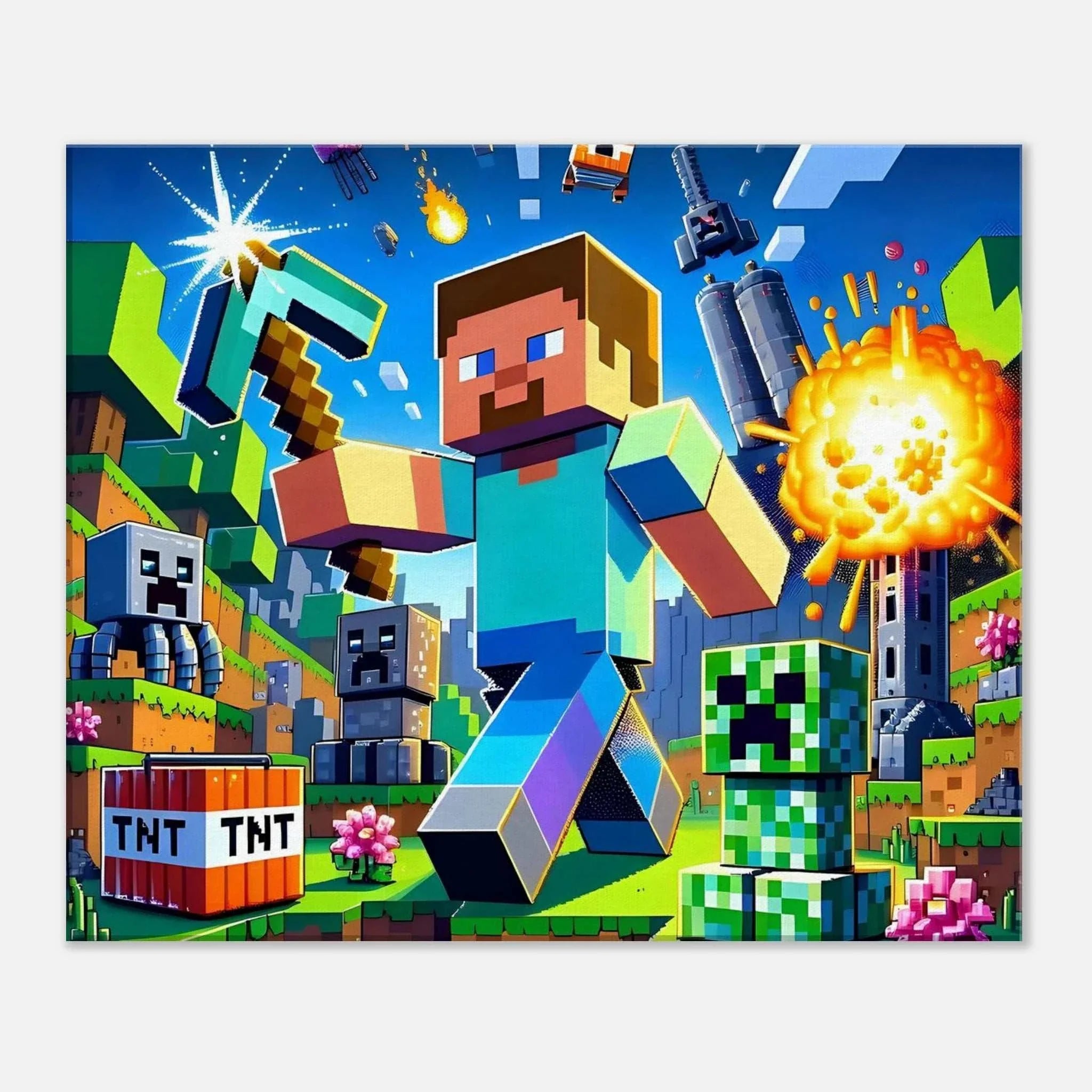 Vibrant Minecraft wall canvas featuring a pixelated adventure scene with iconic game elements.