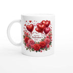 Valentines Day mug with heart and rose design, white ceramic, 11oz, dishwasher and microwave safe.