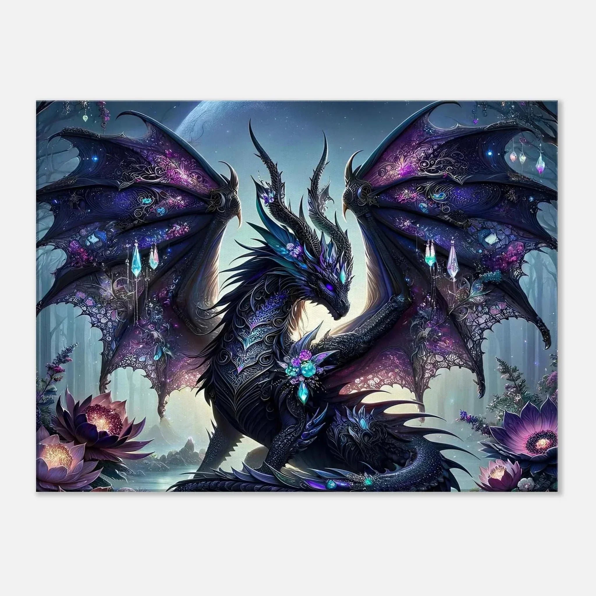 Black Gem Dragon Wall Canvas featuring striking dragon with black gems, enchanting decor for fantasy lovers.