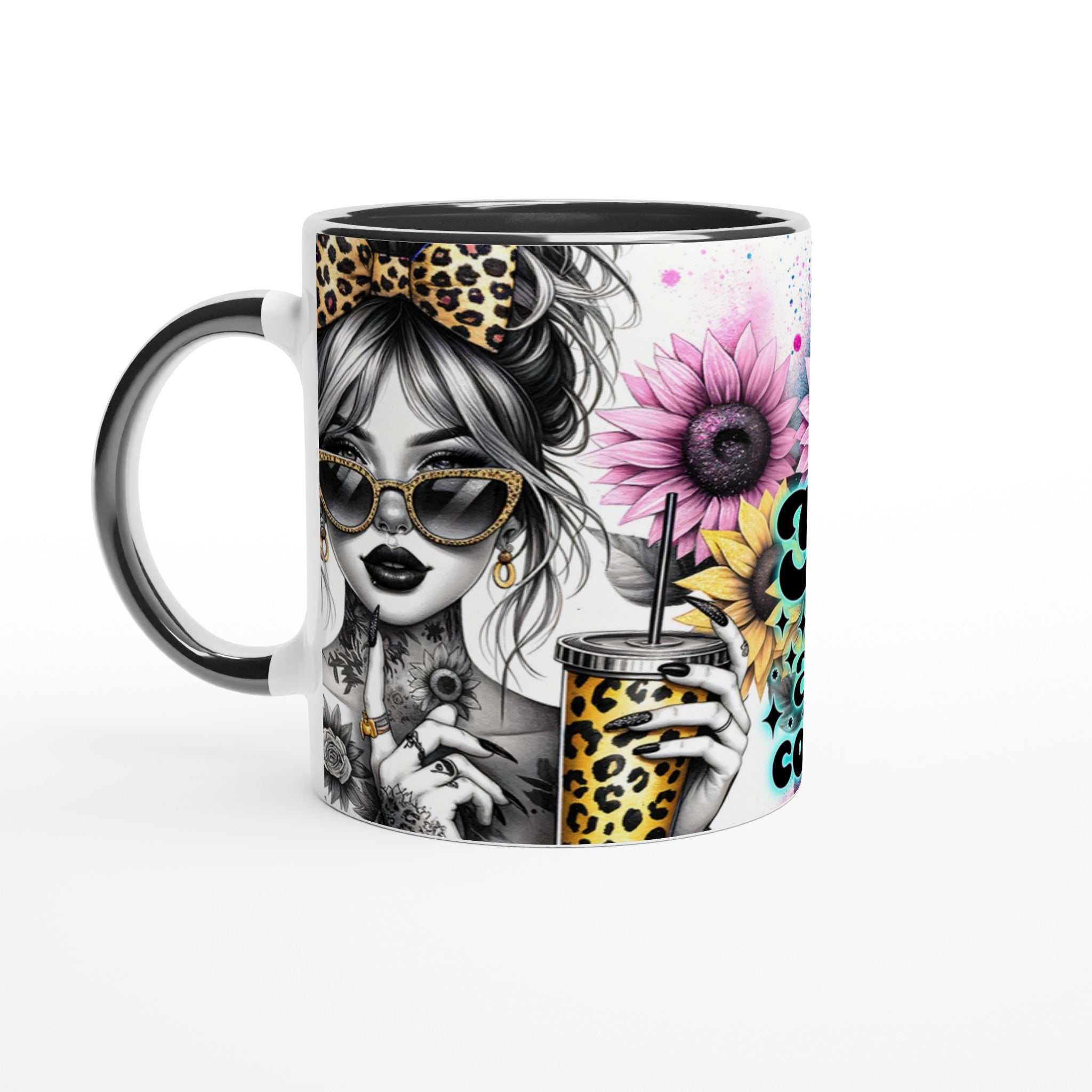 Motivational coffee mug with vibrant design and inspirational quote, featuring a colorful two-tone ceramic build.