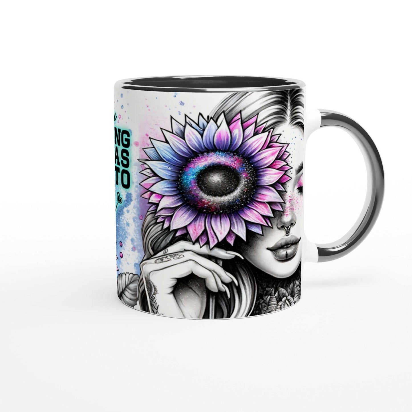 Motivational coffee mug with floral design, featuring "She Overcame Everything" message, 11oz ceramic, colorful rim and handle.