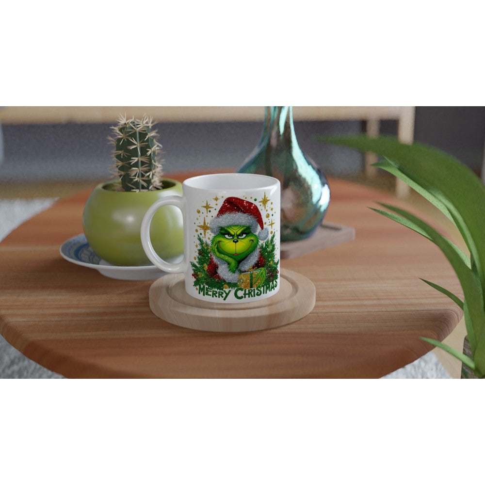 Grinch Merry Christmas Mug on wooden table with festive design.