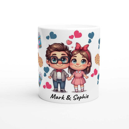 Personalised adorable Valentines Day mug with cute couple design, customizable with names, perfect couples gift.