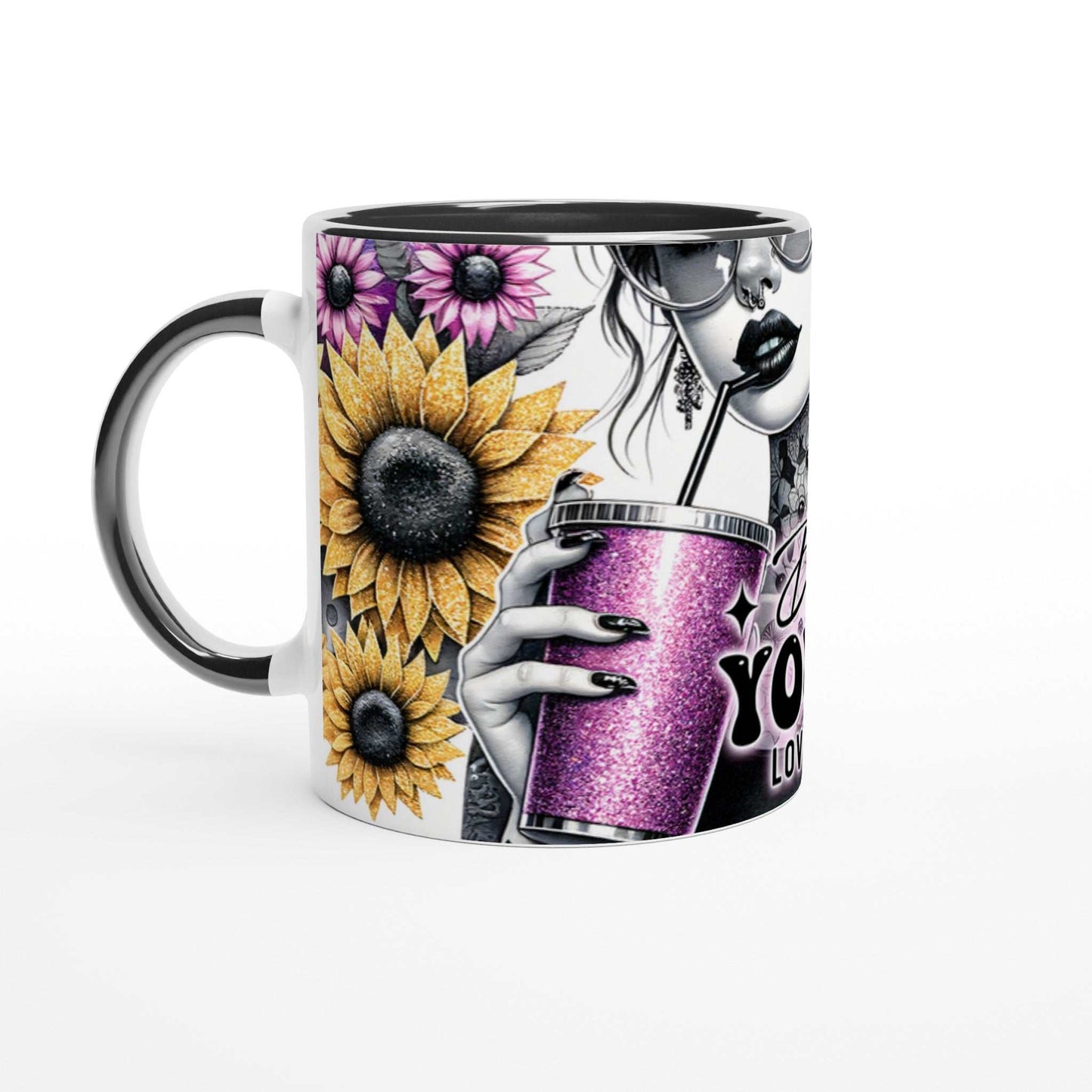 Do What You Love motivational coffee mug with floral design, 11oz ceramic, glossy finish, and two-tone style.