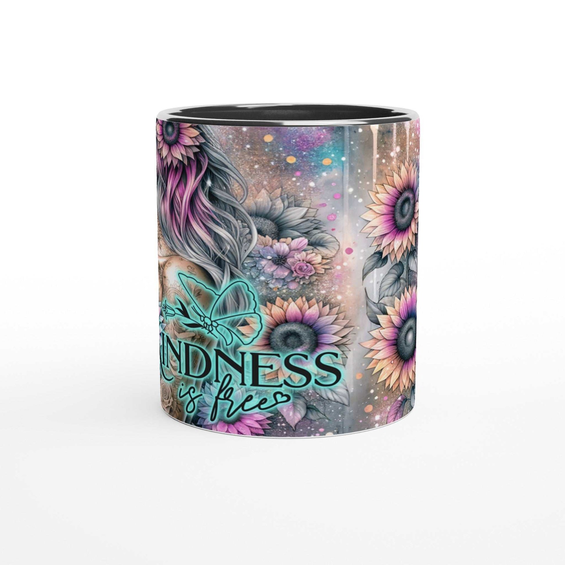 Kindness is Free - Motivational Coffee Mug with vibrant floral design and inspirational quote.