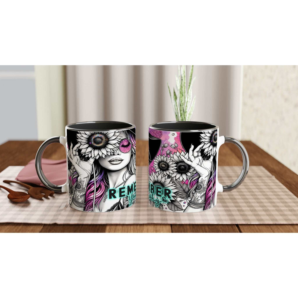 Motivational coffee mug with "Remember Your Why" quote, vibrant design, 11oz ceramic, two-tone finish.