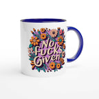 Fun Mug with "No Fucks Given" floral design, 11oz ceramic, colorful rim and handle.