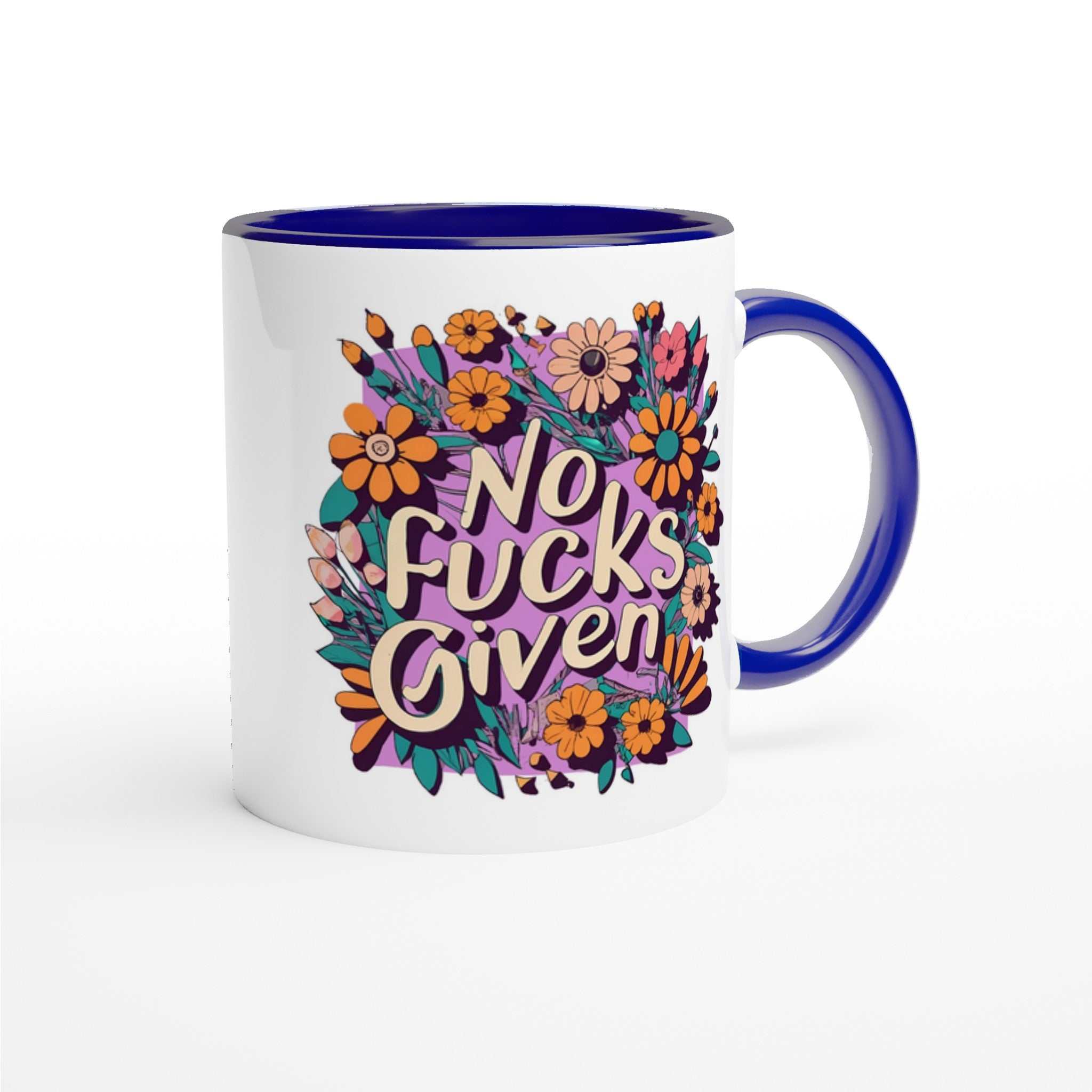 Fun Mug with "No Fucks Given" floral design, 11oz ceramic, colorful rim and handle.