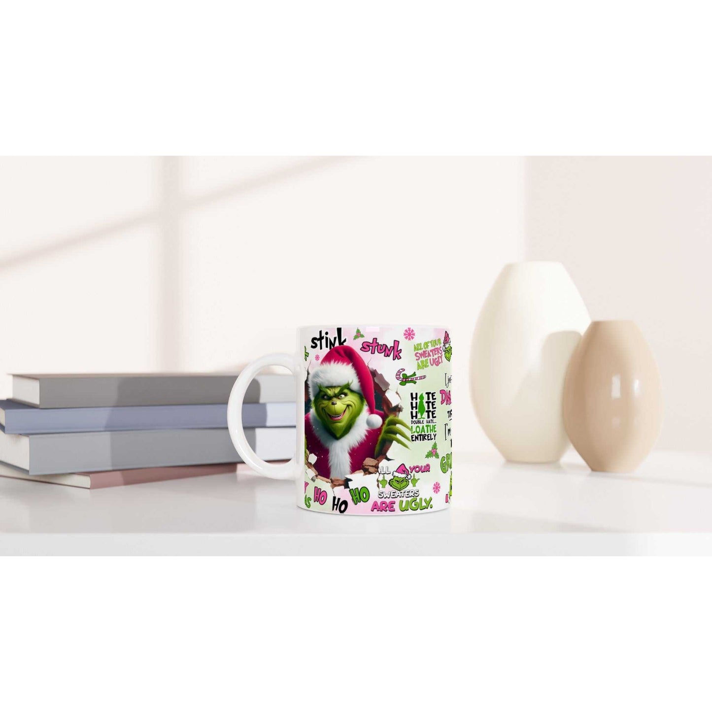 Grinch Christmas Mug with iconic character design, 11oz ceramic, glossy finish.