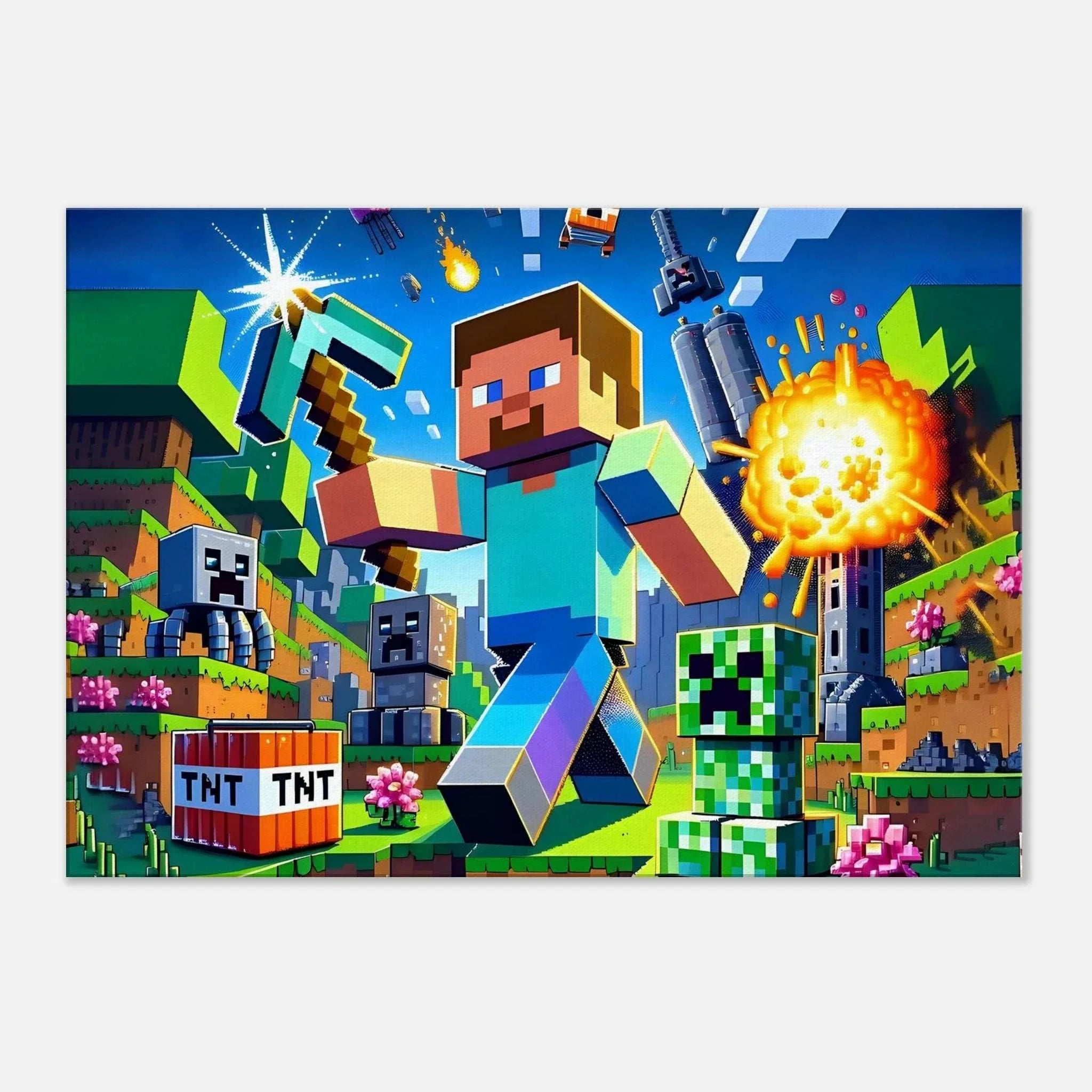 Vibrant Minecraft wall canvas featuring iconic game characters in a colorful adventure scene.