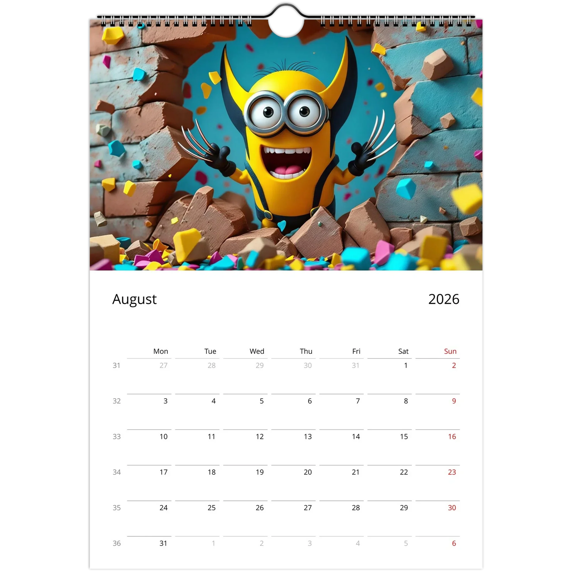 2026 Minions Superhero Wall Calendar featuring colorful superhero Minion illustration for August, standard A4 size with spiral binding and large date squares.
