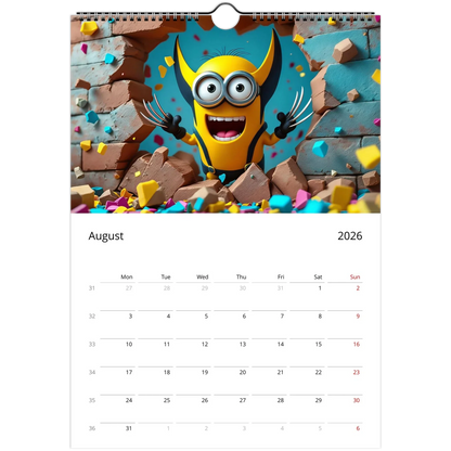 2026 Minions Superhero Wall Calendar featuring colorful superhero Minion illustration for August, standard A4 size with spiral binding and large date squares.