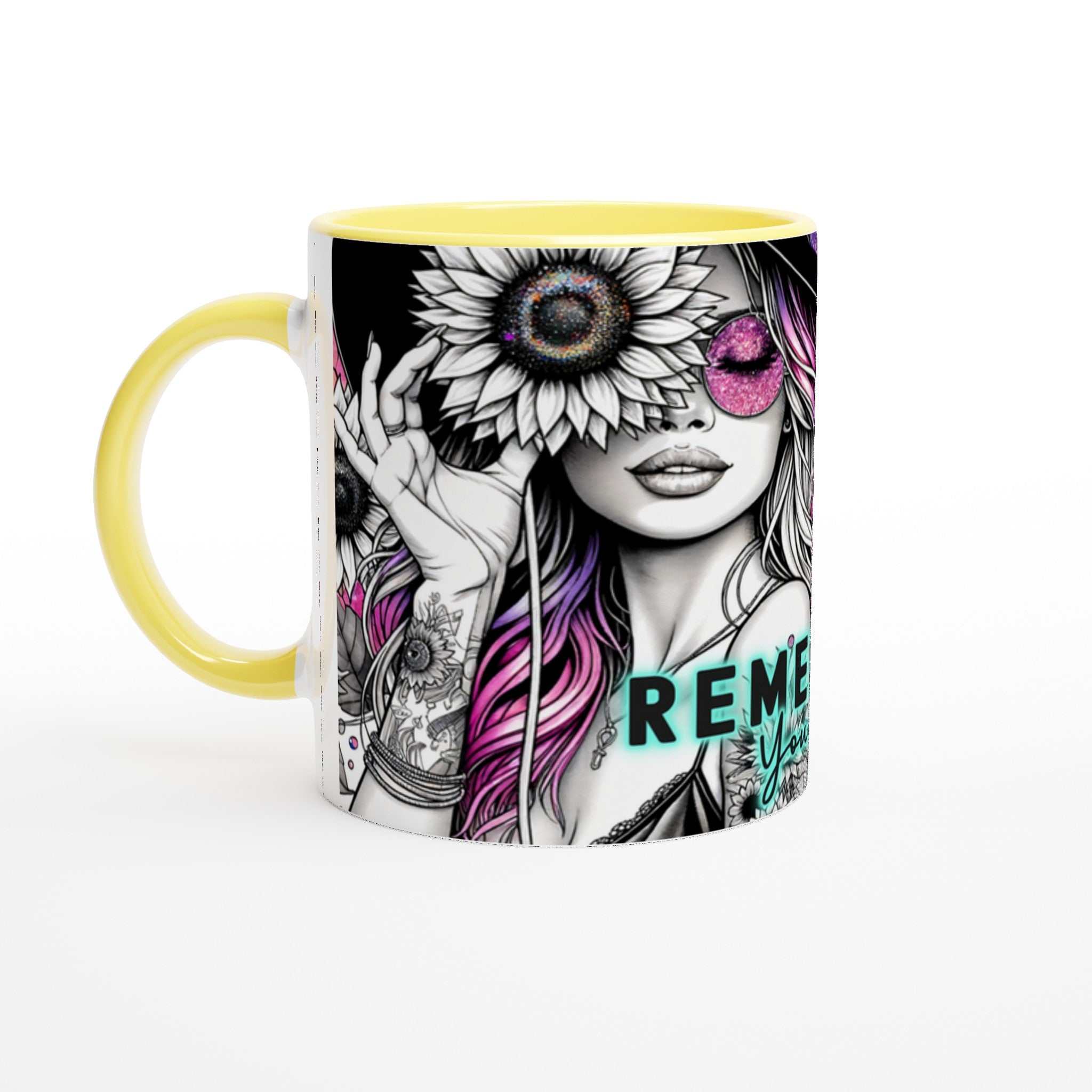 Motivational coffee mug with vibrant design, "Remember Your Why" text, and yellow handle.