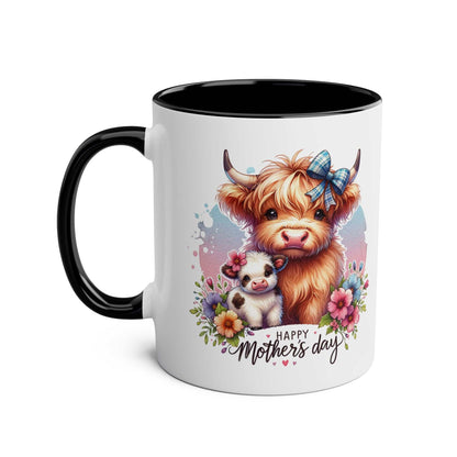 Cute Highland Cow Mother's Day gift mug with floral design and glossy finish.